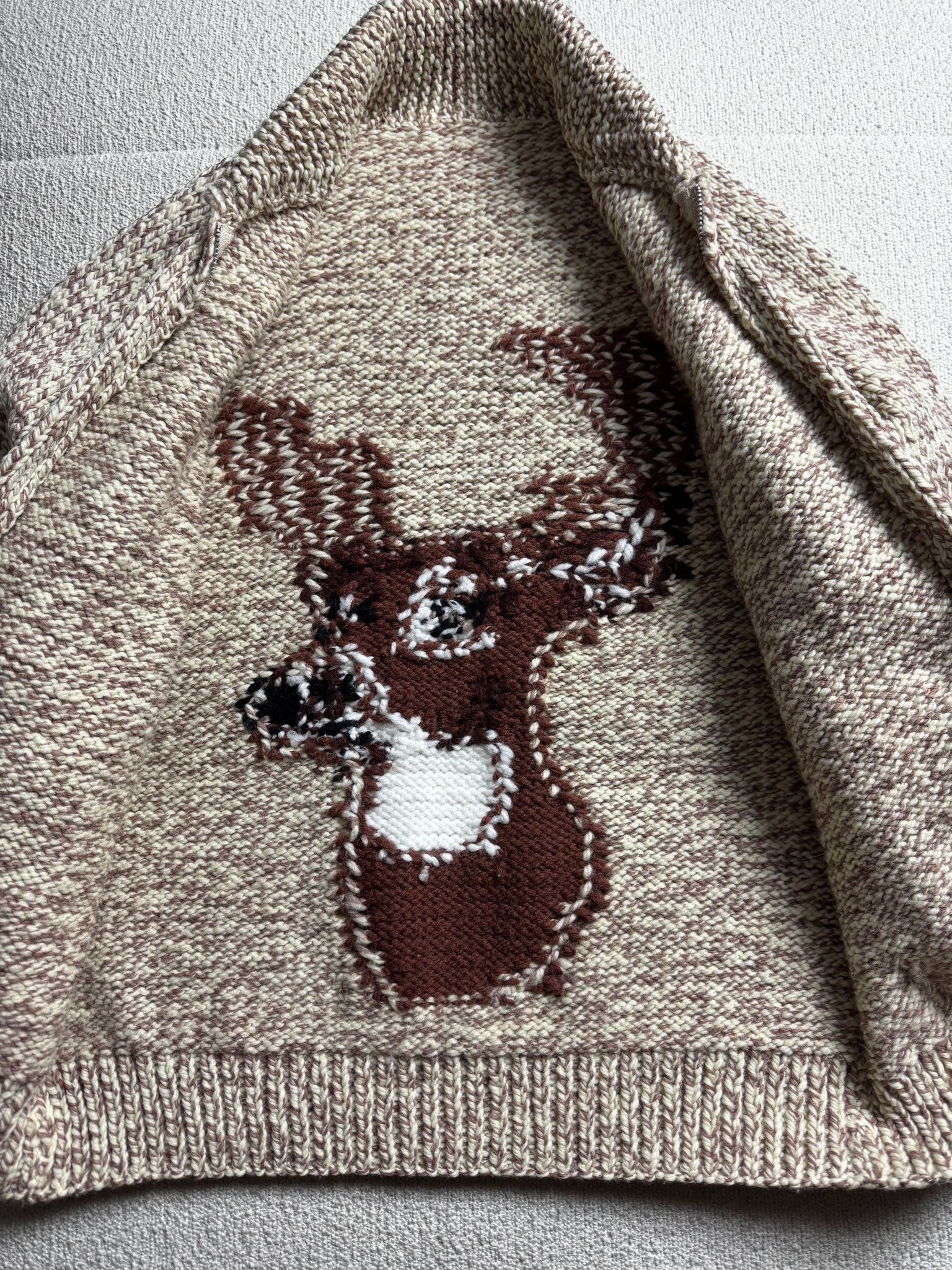 Homemade wool blend deer Cowichan style sweater L