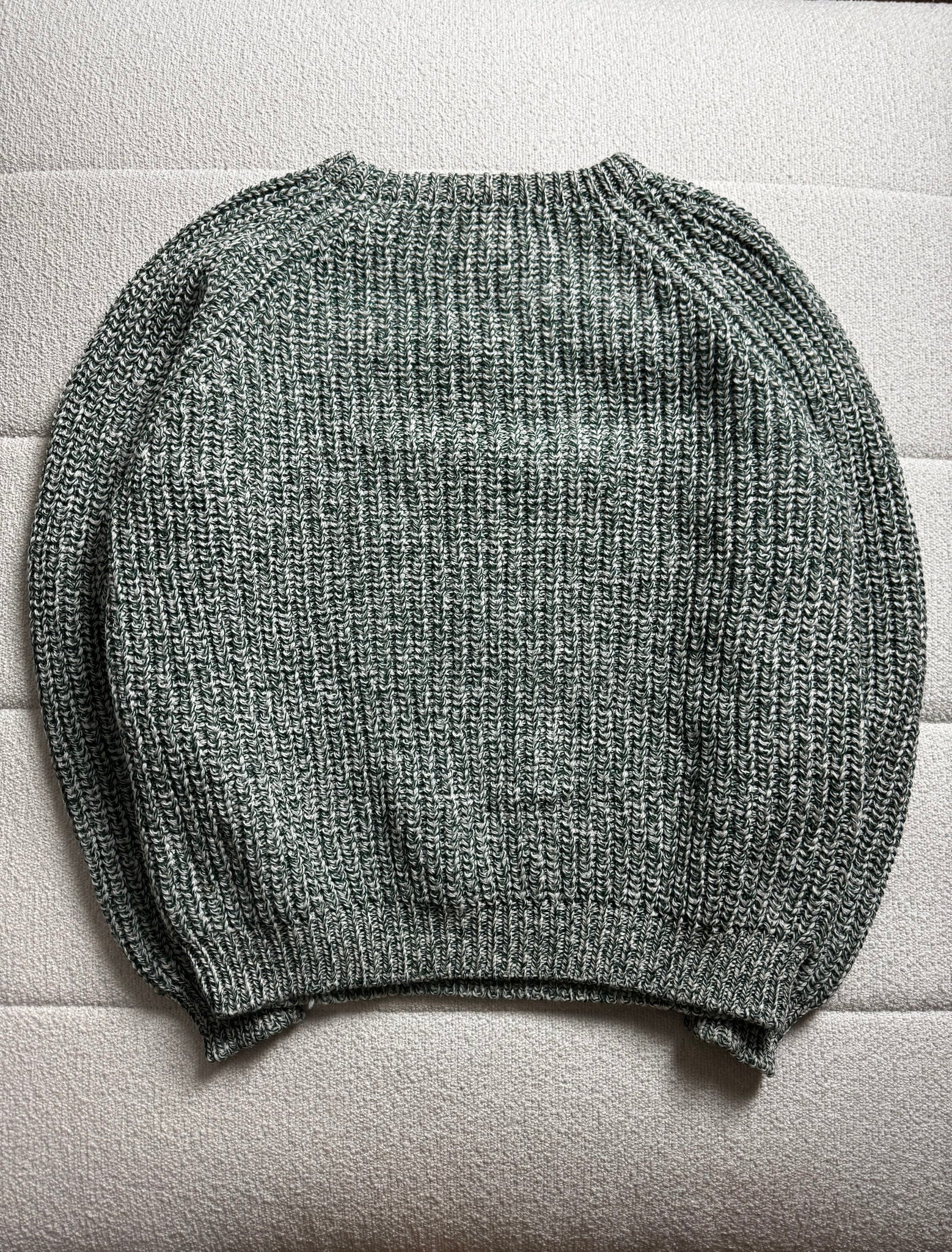 Hand knit thick soft chunky green & white wool sweater XL