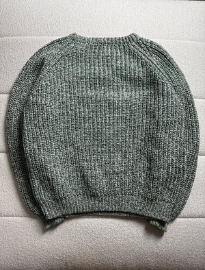 Hand knit thick soft chunky green & white wool sweater XL