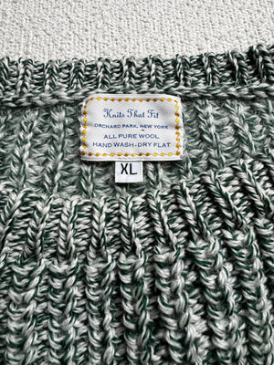 Hand knit thick soft chunky green & white wool sweater XL